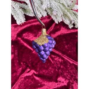 Vintage Christmas Handblown Glass Ornament Purple Grape Cluster w Gold Glitter